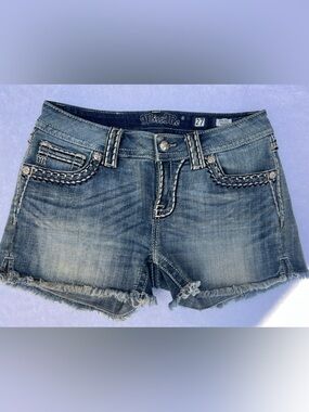 Miss Me Distressed Embroidered Denim Cutoff Shorts - Light Blue Wash